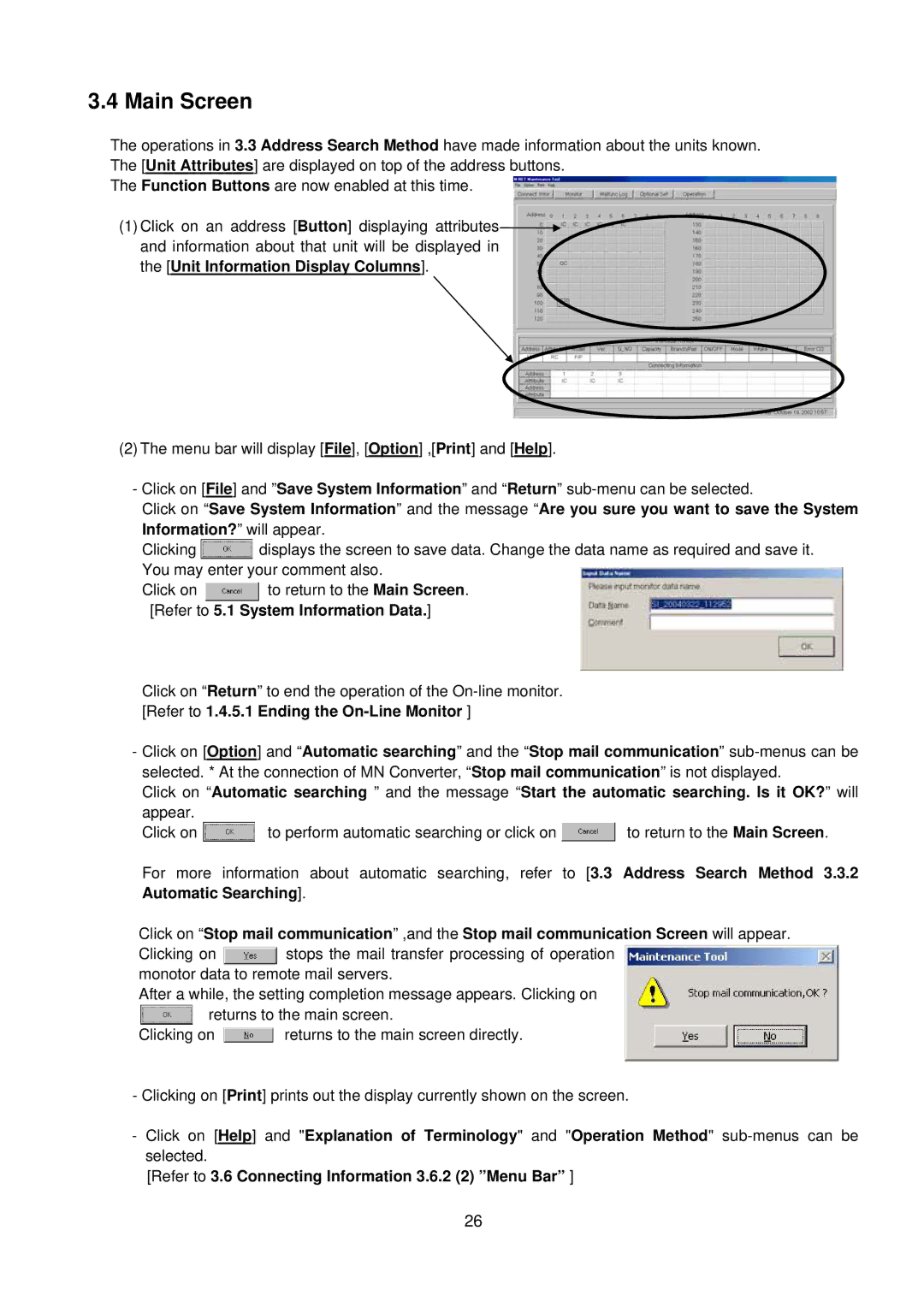 Mitsubishi MN Converter, G-50A manual Main Screen, Refer to 3.6 Connecting Information 3.6.2 2 Menu Bar 