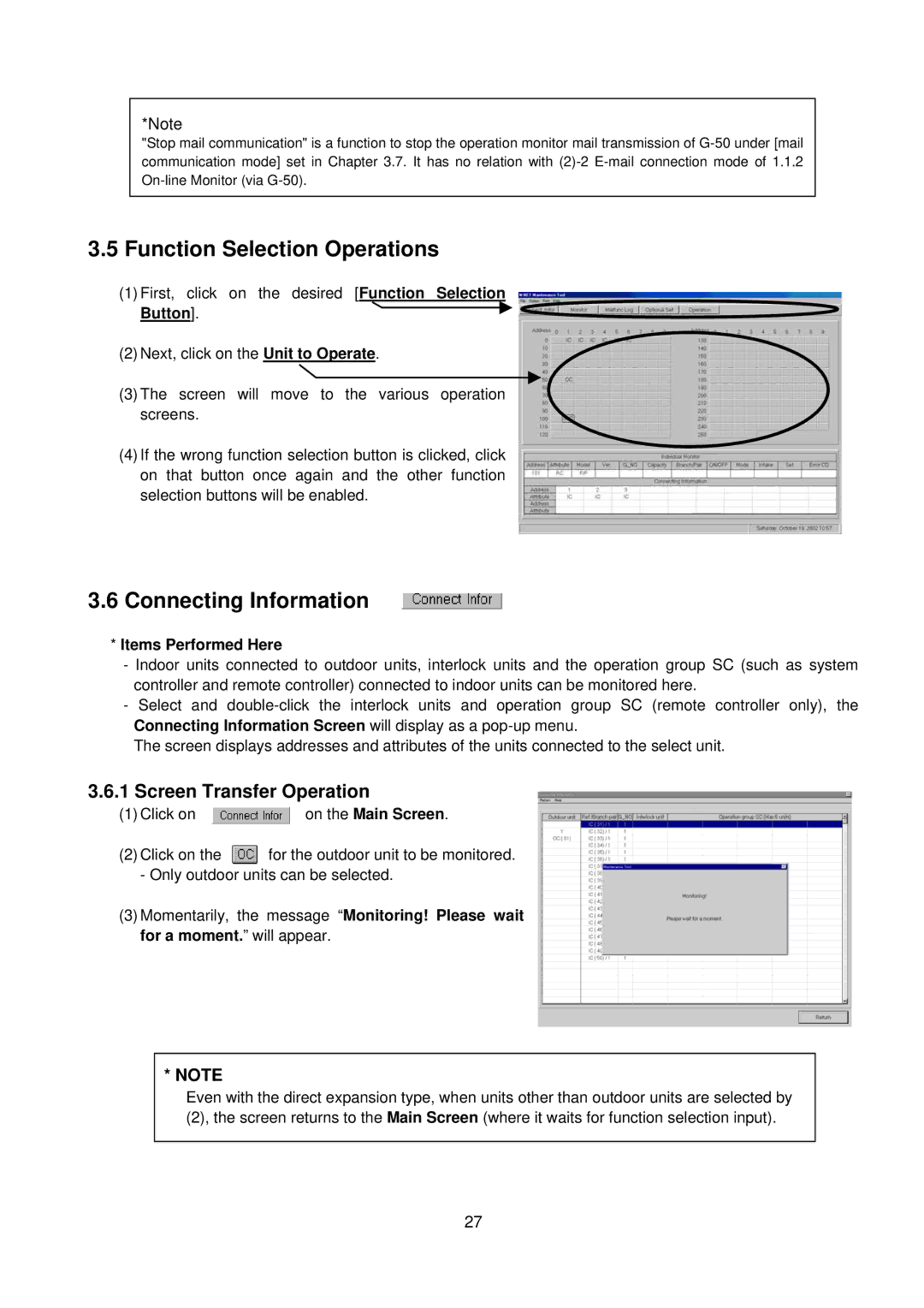 Mitsubishi G-50A Function Selection Operations, Connecting Information, Screen Transfer Operation, Items Performed Here 