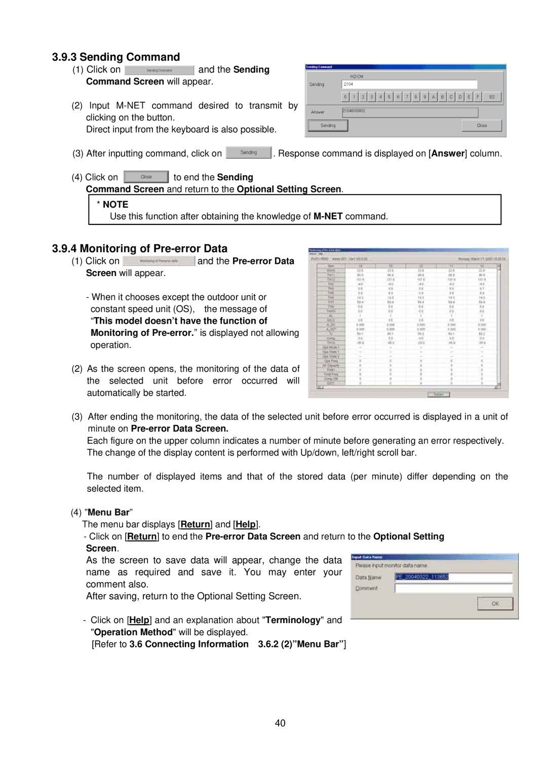 Mitsubishi MN Converter Sending Command, Monitoring of Pre-error Data, Refer to 3.6 Connecting Information 3.6.2 2Menu Bar 