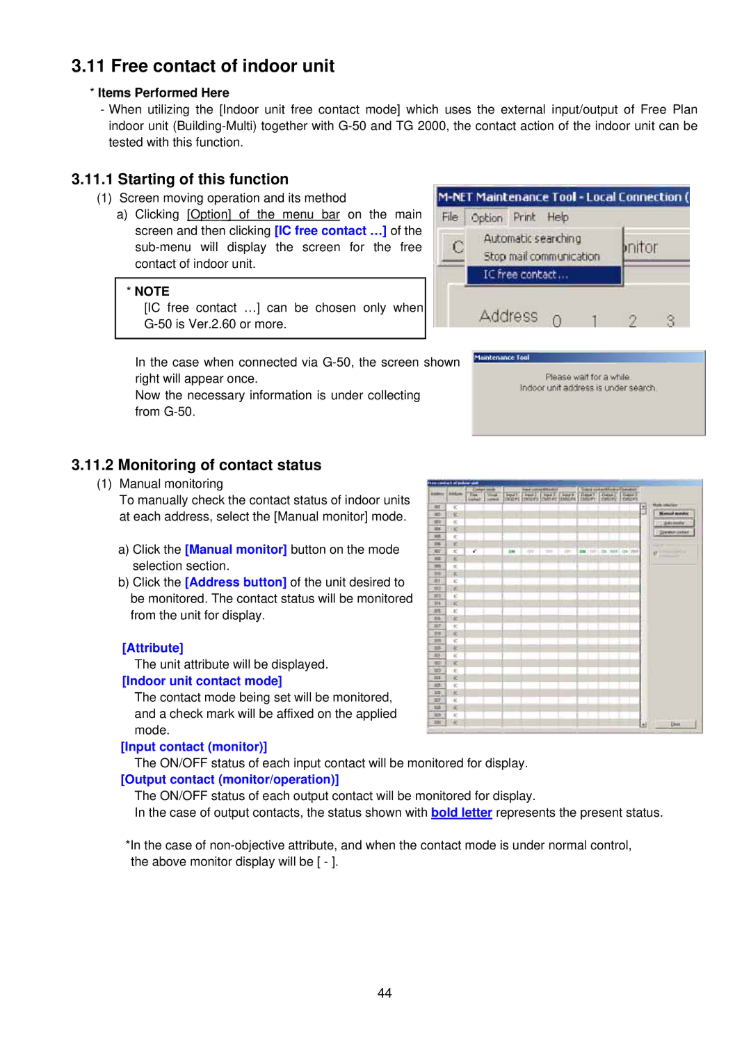 Mitsubishi MN Converter, G-50A manual Free contact of indoor unit, Starting of this function, Monitoring of contact status 