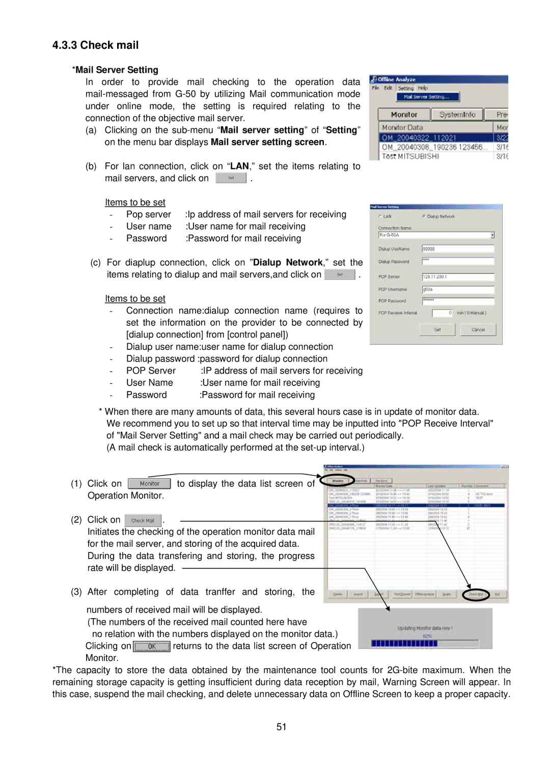 Mitsubishi G-50A, MN Converter manual Check mail, Mail Server Setting 