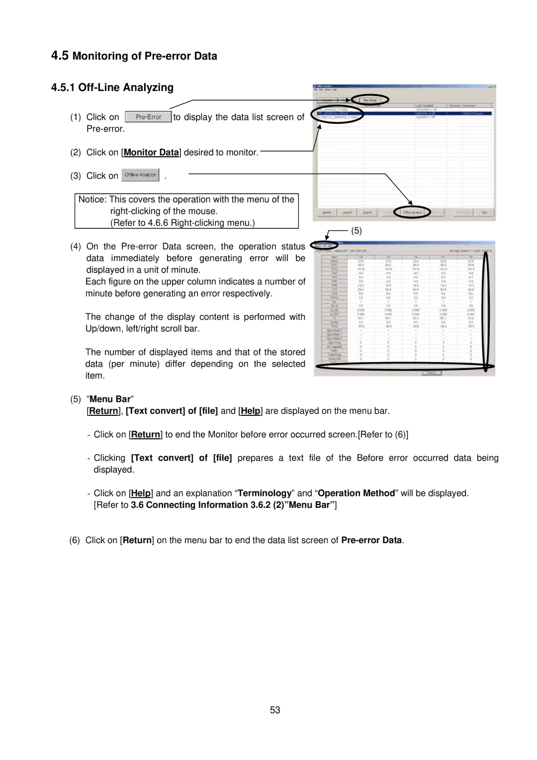 Mitsubishi G-50A, MN Converter manual Monitoring of Pre-error Data 4.5.1 Off-Line Analyzing 