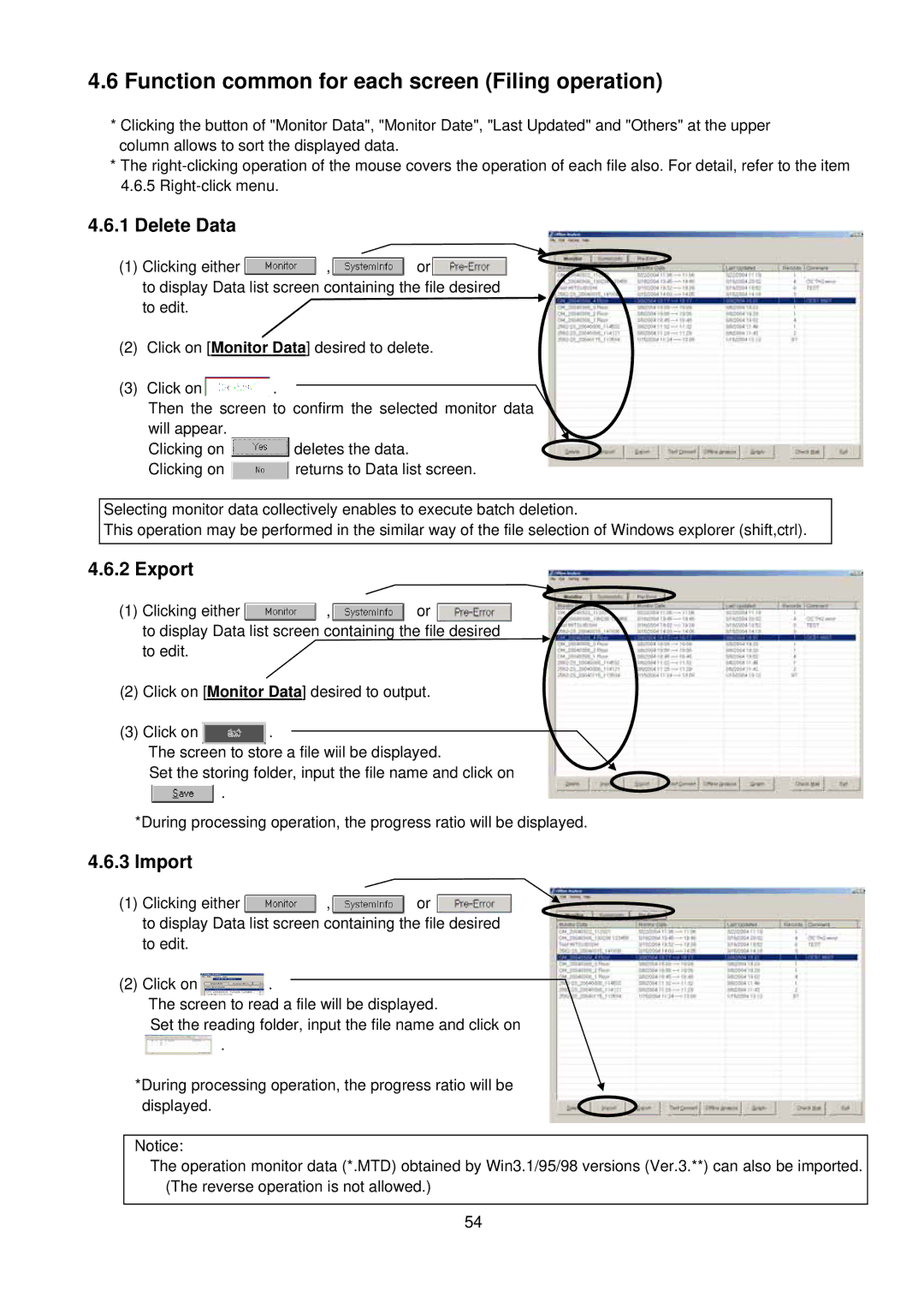 Mitsubishi MN Converter, G-50A manual Function common for each screen Filing operation, Delete Data, Export, Import 