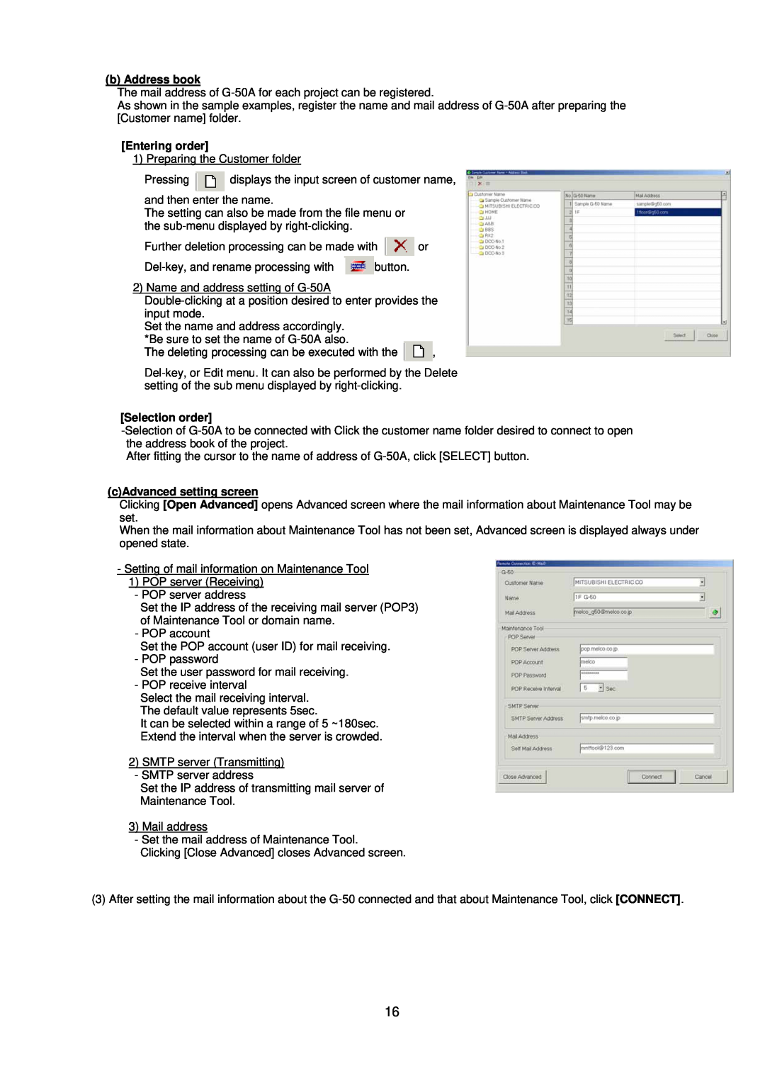 Mitsubishi MN Converter, G-50A manual b Address book, Entering order, Selection order, cAdvanced setting screen 