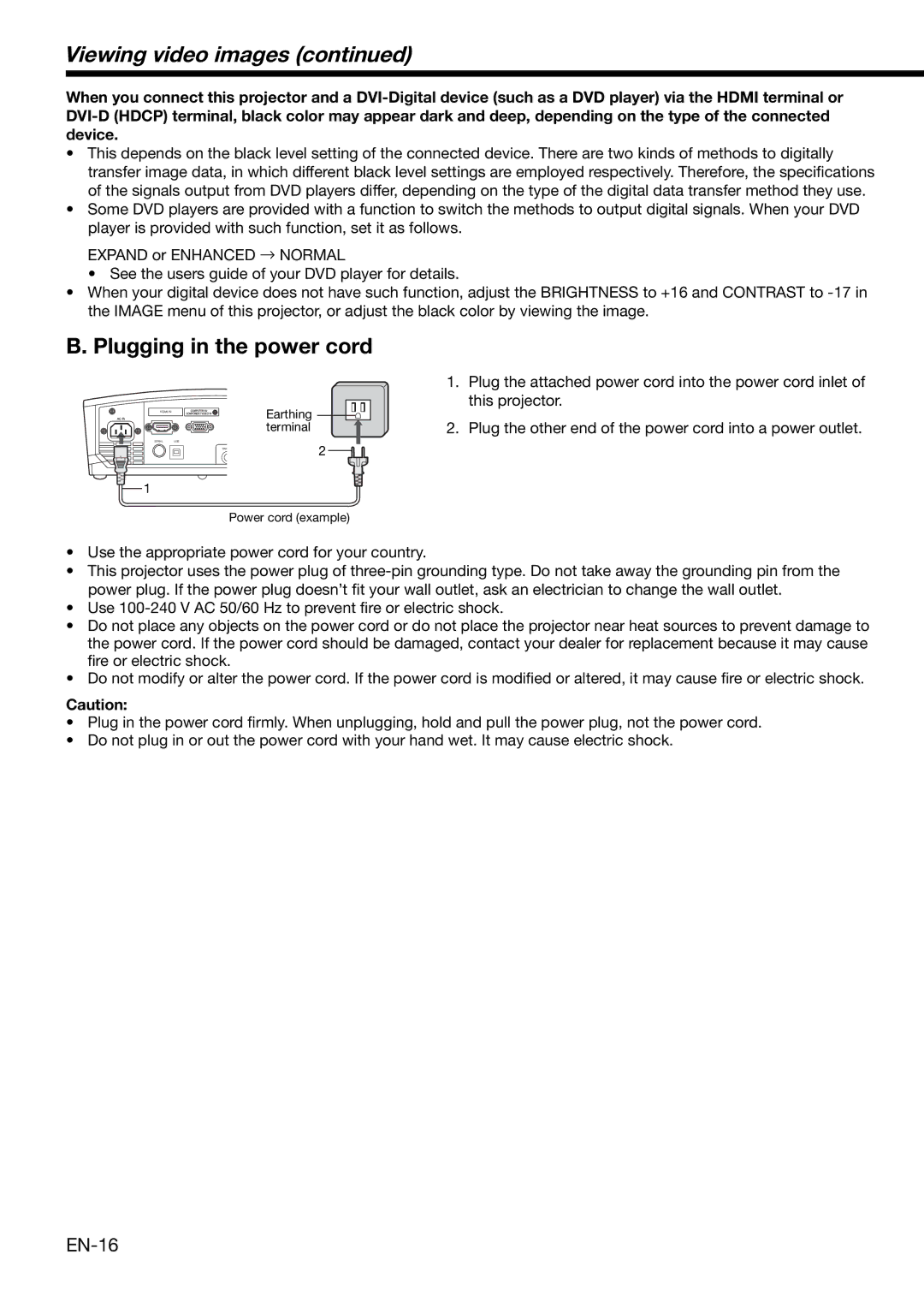 Mitsubishi HC1100 user manual Plugging in the power cord 