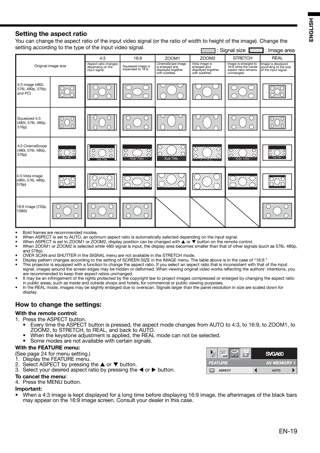 Mitsubishi HC1100 Setting the aspect ratio, How to change the settings, With the remote control, With the Feature menu 