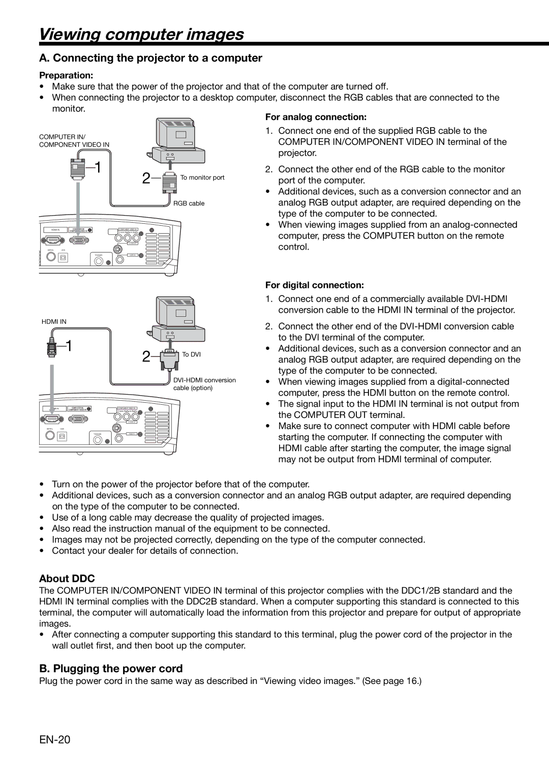 Mitsubishi HC1100 user manual Viewing computer images, Connecting the projector to a computer, Plugging the power cord 