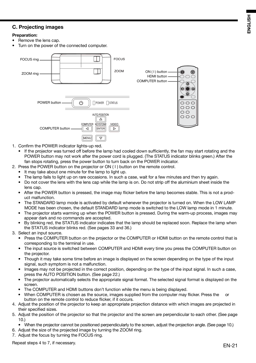 Mitsubishi HC1100 user manual Projecting images 