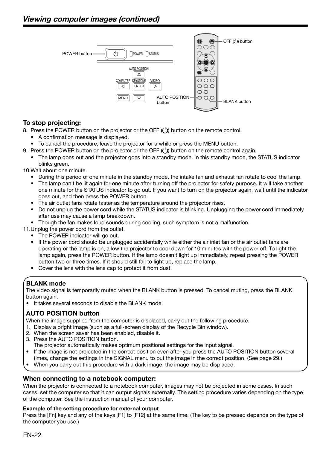 Mitsubishi HC1100 user manual Viewing computer images, Auto Position button, When connecting to a notebook computer 