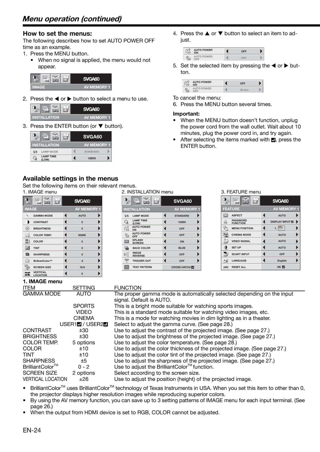 Mitsubishi HC1100 user manual Menu operation, How to set the menus, Available settings in the menus, Image menu 