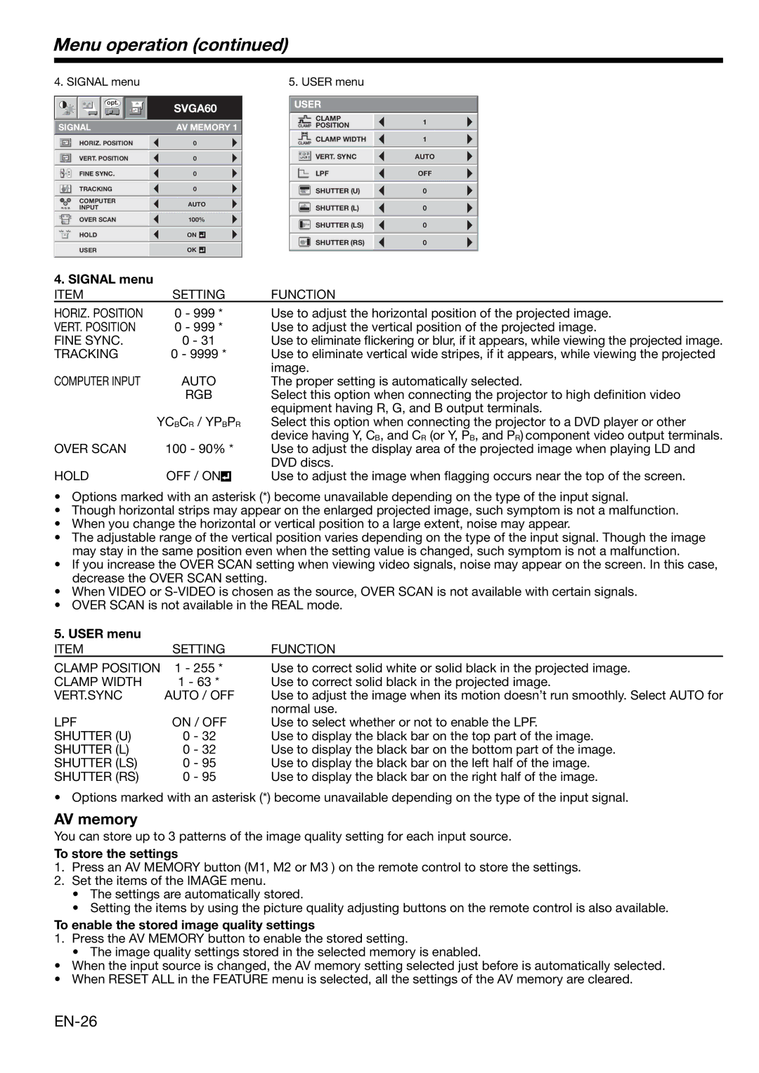 Mitsubishi HC1100 AV memory, Signal menu, User menu, To store the settings, To enable the stored image quality settings 