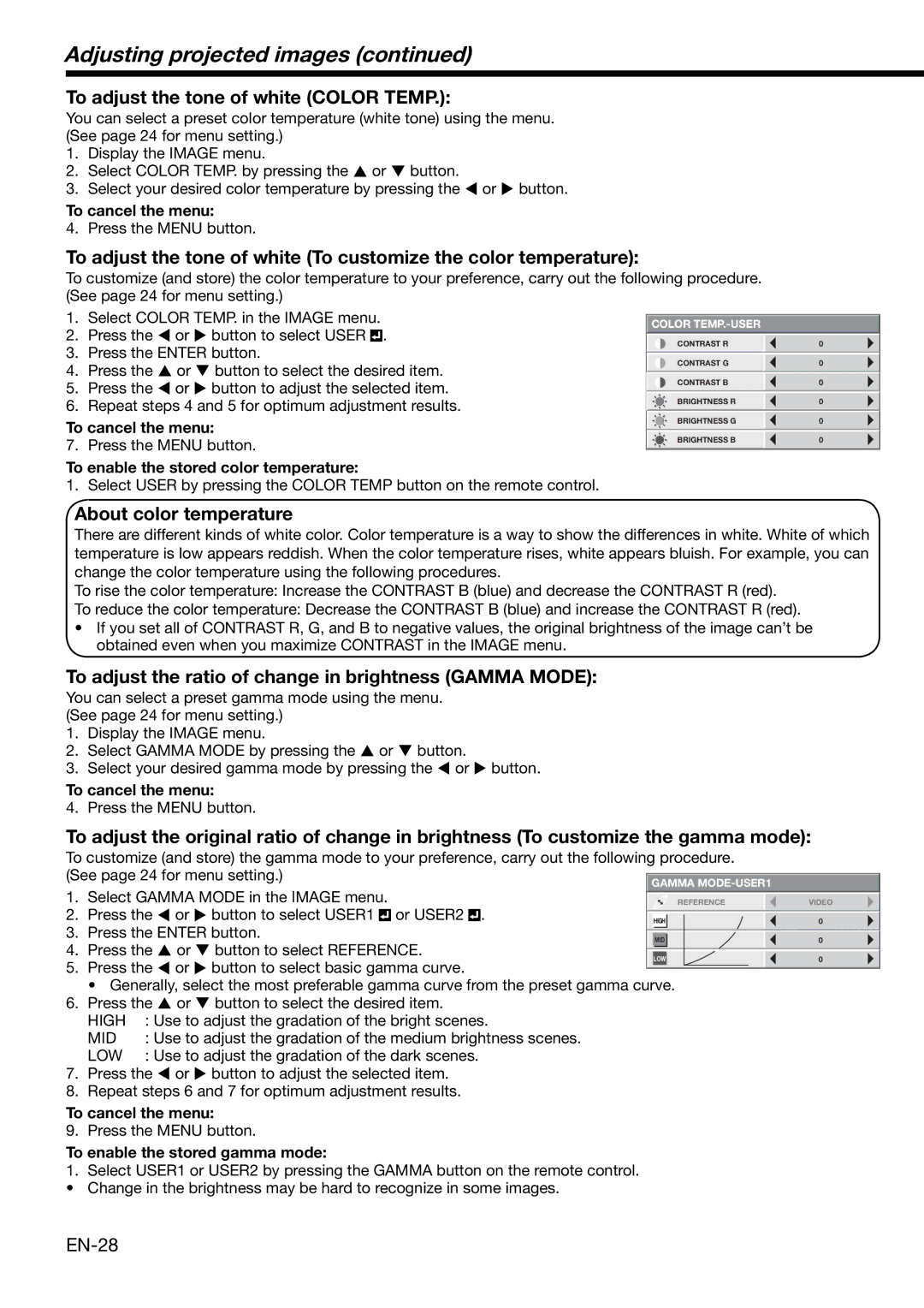 Mitsubishi HC1100 user manual Adjusting projected images, To adjust the tone of white Color Temp, About color temperature 