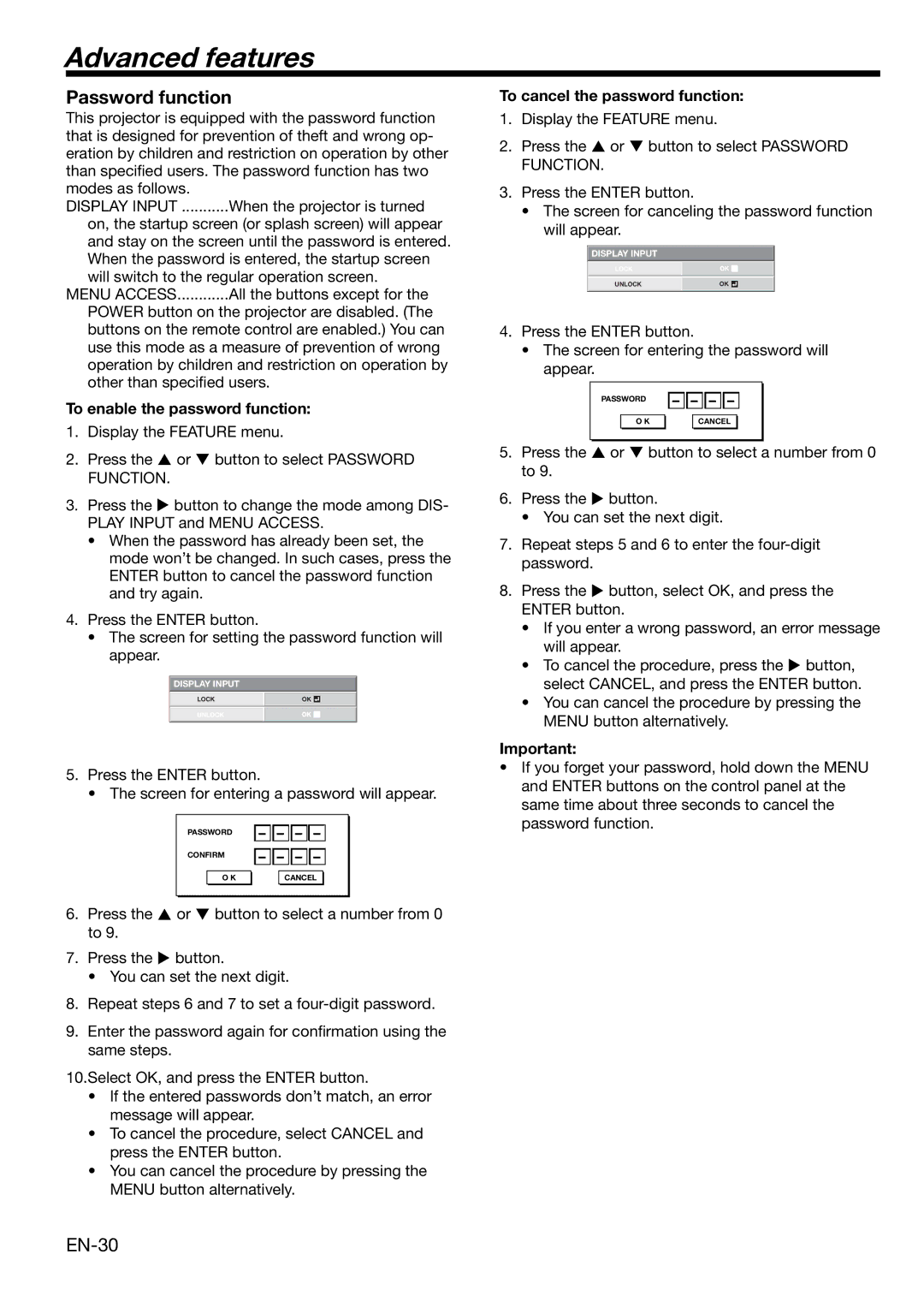 Mitsubishi HC1100 Advanced features, Password function, To enable the password function, To cancel the password function 