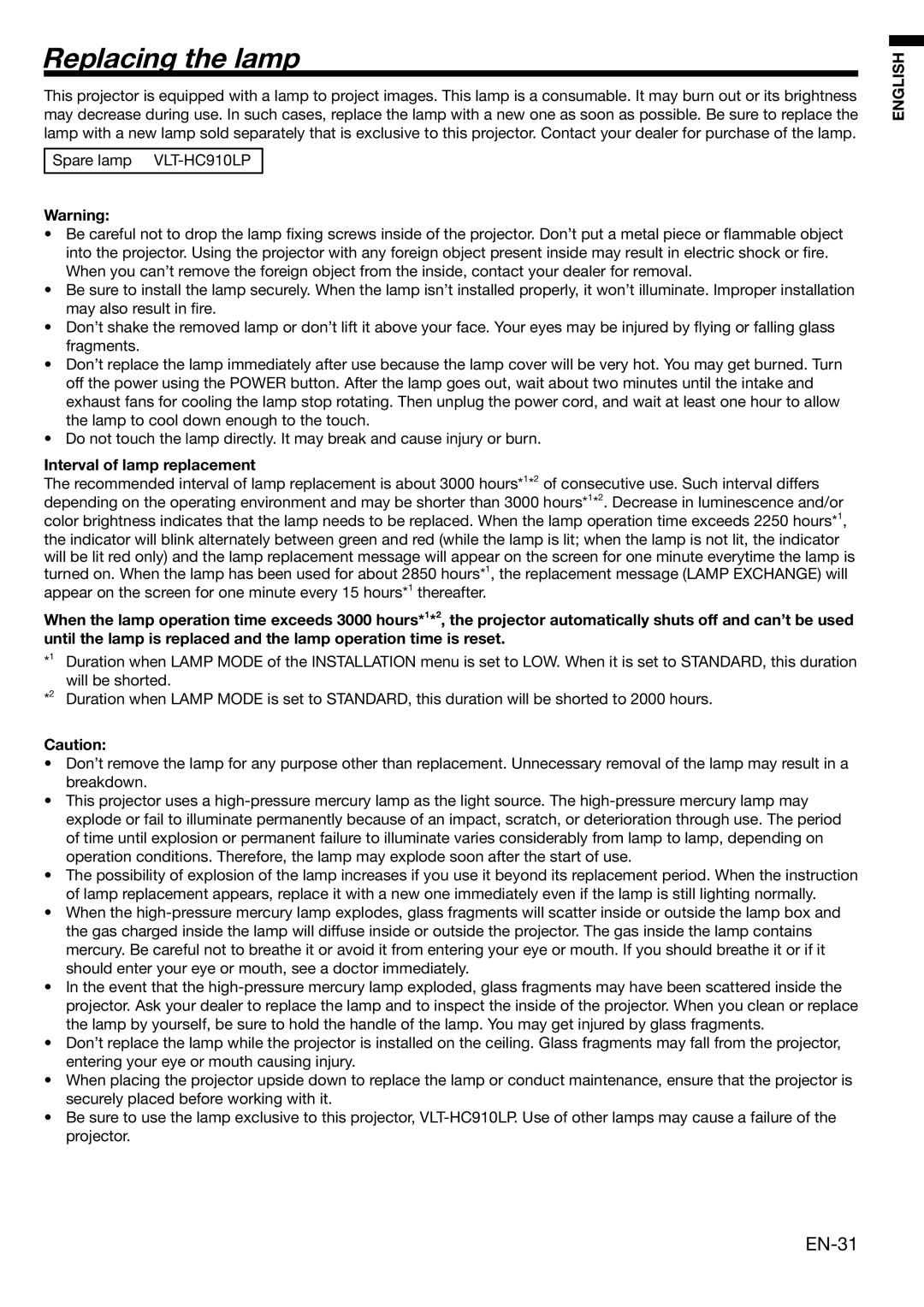 Mitsubishi HC1100 user manual Replacing the lamp, Interval of lamp replacement 