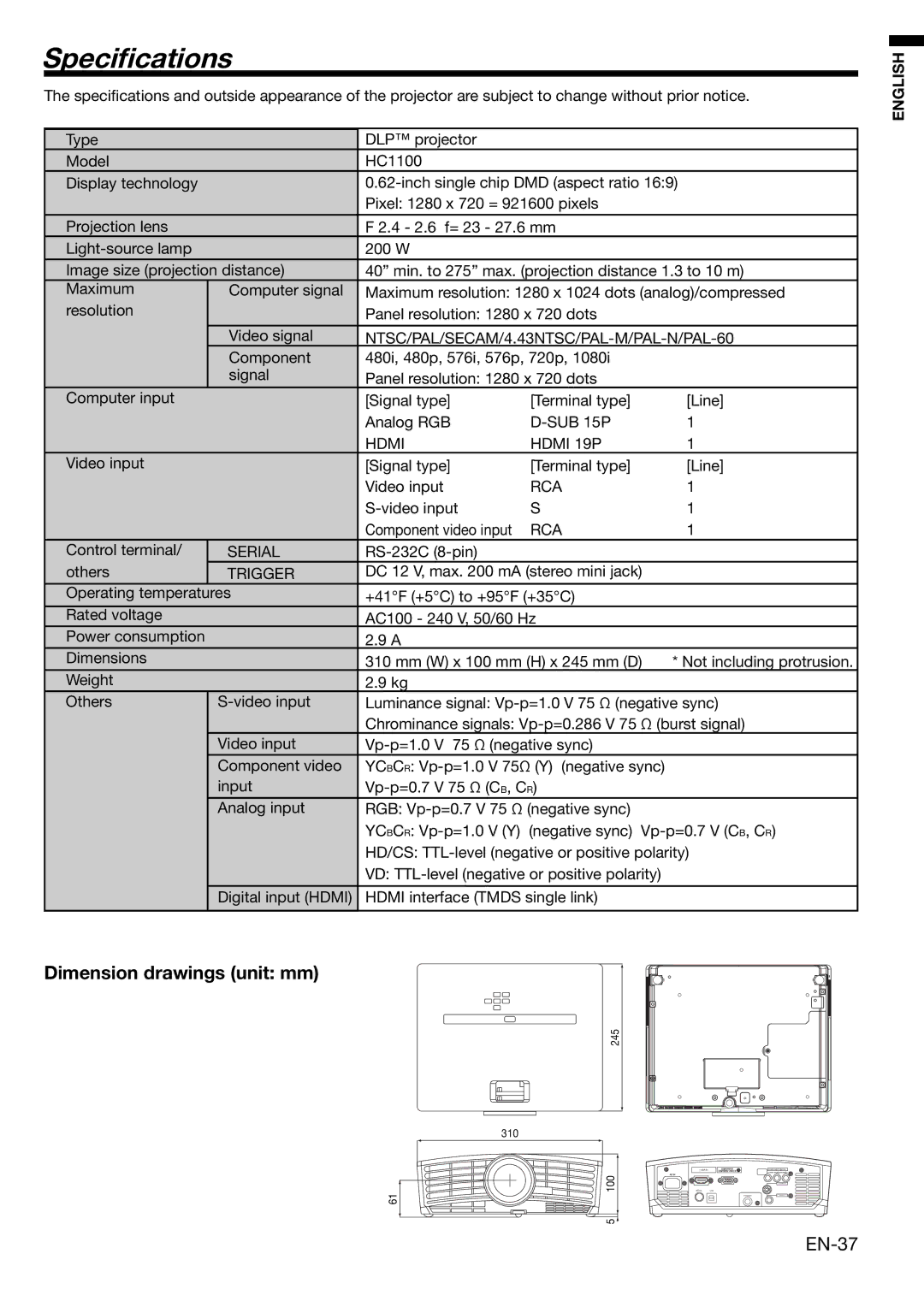 Mitsubishi HC1100 user manual Speciﬁcations, Dimension drawings unit mm 