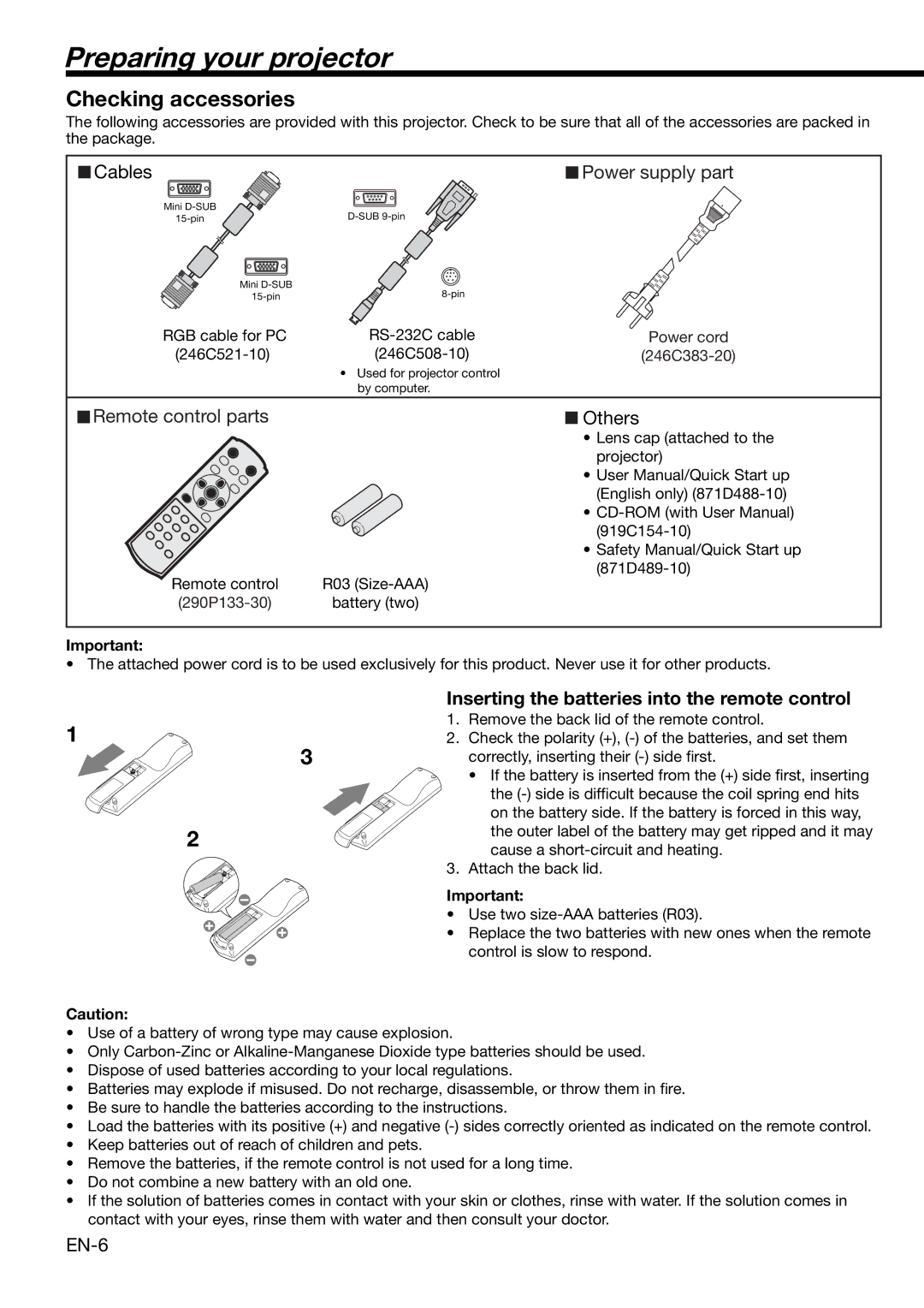 Mitsubishi HC1100 Preparing your projector, Checking accessories, Inserting the batteries into the remote control 