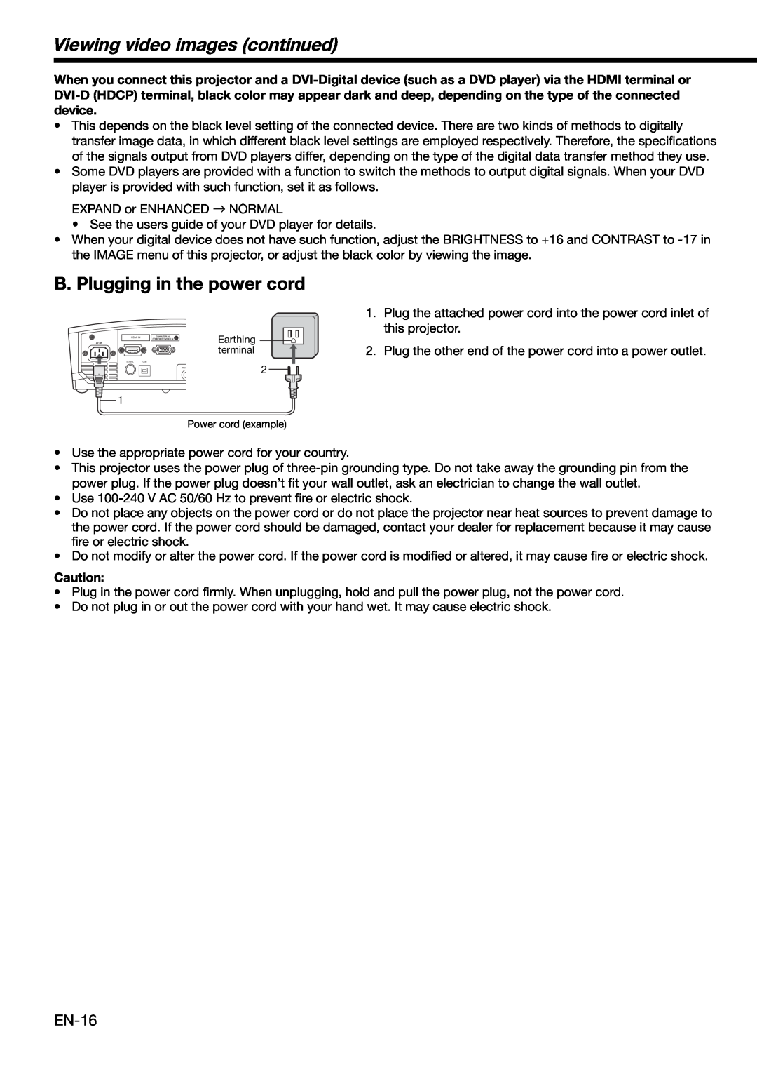 Mitsubishi HC1100 user manual B. Plugging in the power cord, Viewing video images continued, EN-16 