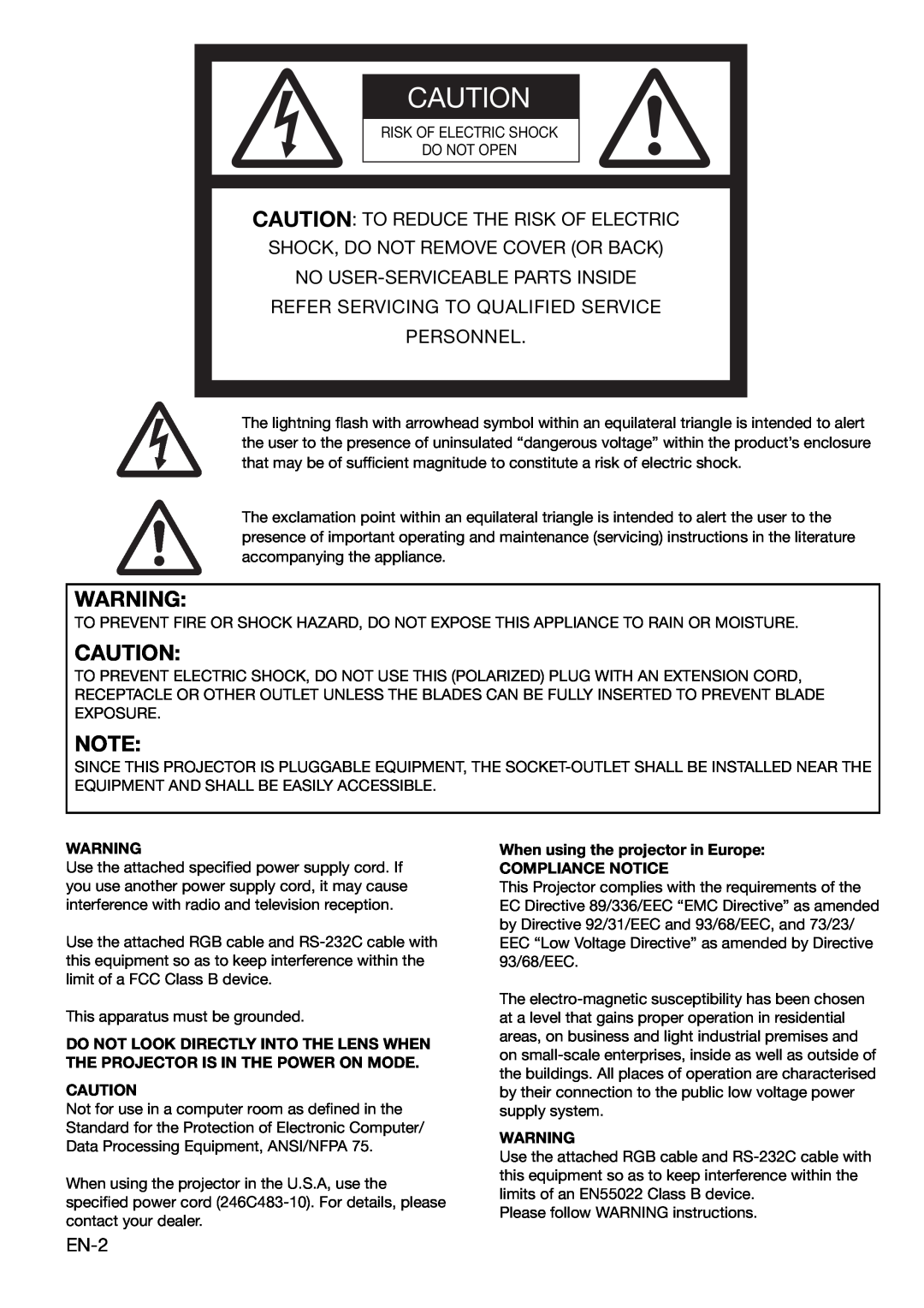 Mitsubishi HC1100 user manual Caution To Reduce The Risk Of Electric, Refer Servicing To Qualified Service Personnel, EN-2 