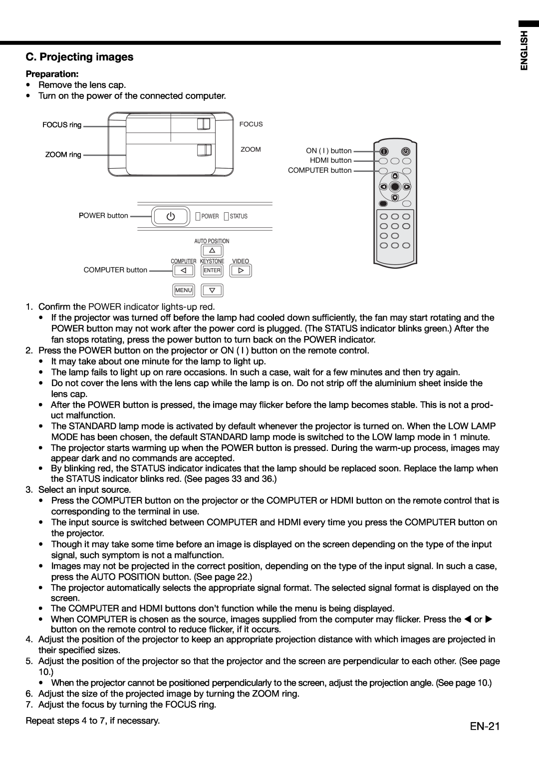 Mitsubishi HC1100 user manual C. Projecting images, EN-21, Preparation, English 