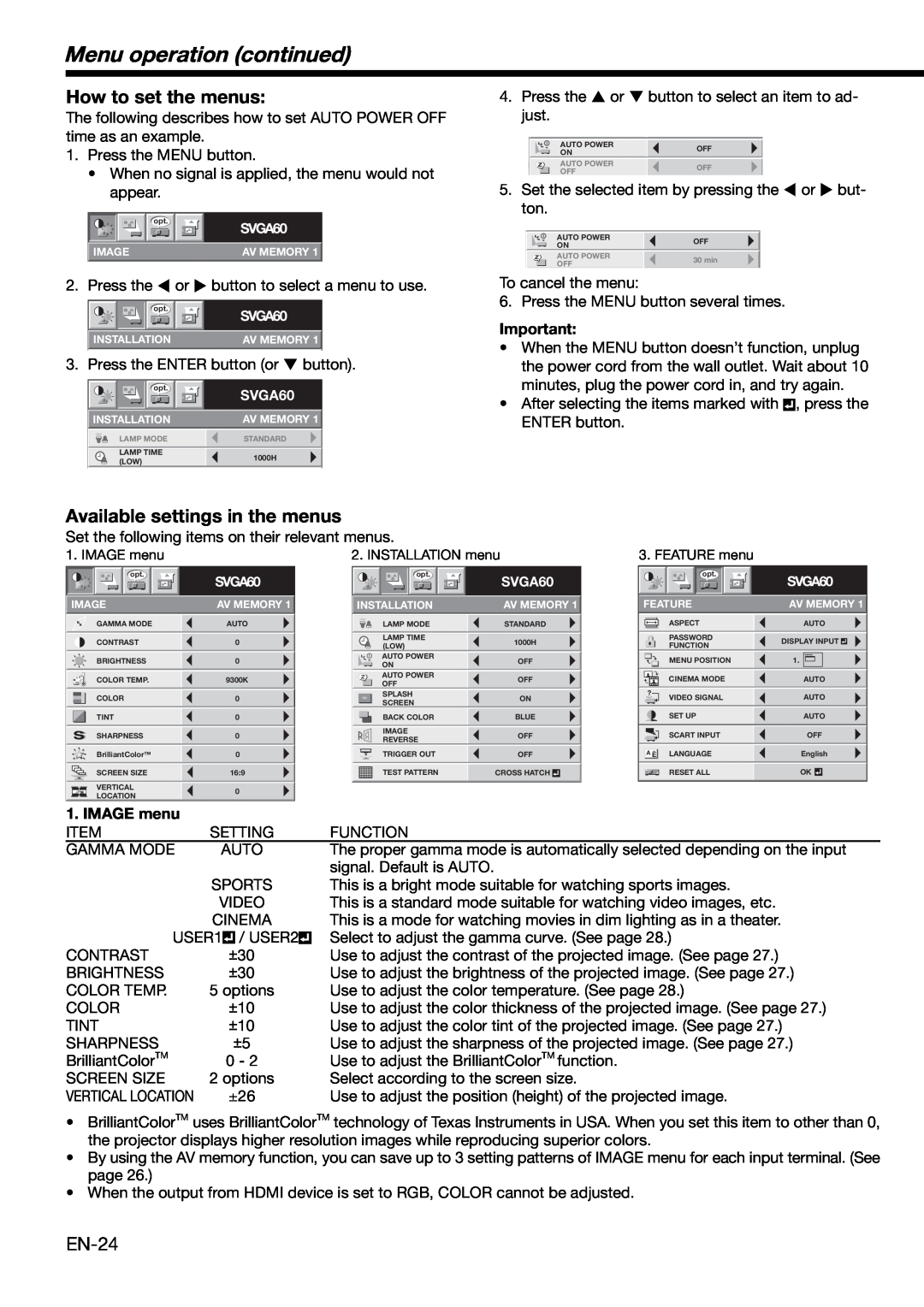 Mitsubishi HC1100 user manual Menu operation continued, How to set the menus, Available settings in the menus, Press the or 