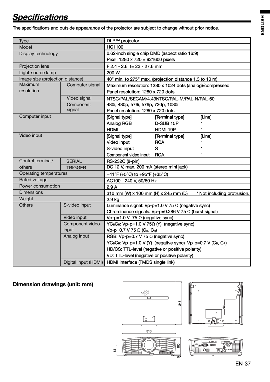 Mitsubishi HC1100 user manual Speciﬁcations, Dimension drawings unit mm, English 