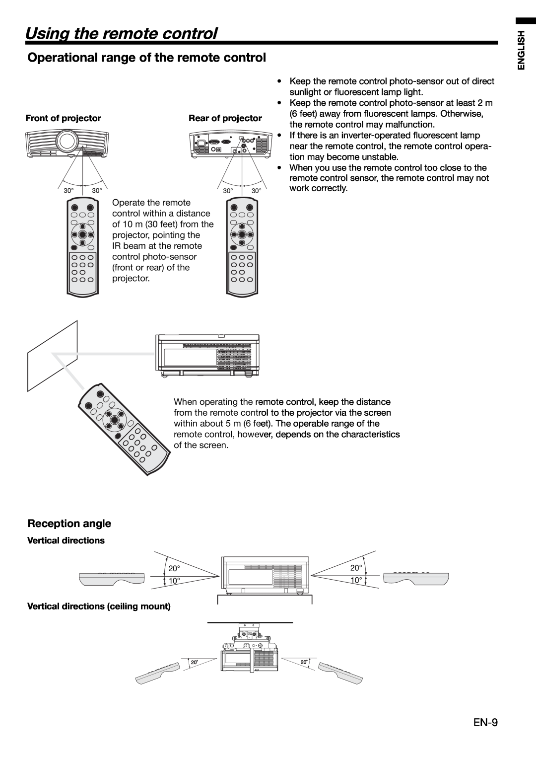 Mitsubishi HC1100 user manual Using the remote control, Operational range of the remote control, Reception angle, English 