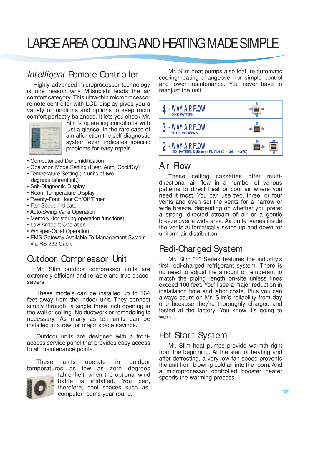 Mitsubishi NH47NAD, PCH36EK, PCH24EK, PCH42EK manual Outdoor Compressor Unit, Air Flow, Redi-Charged System, Hot Start System 