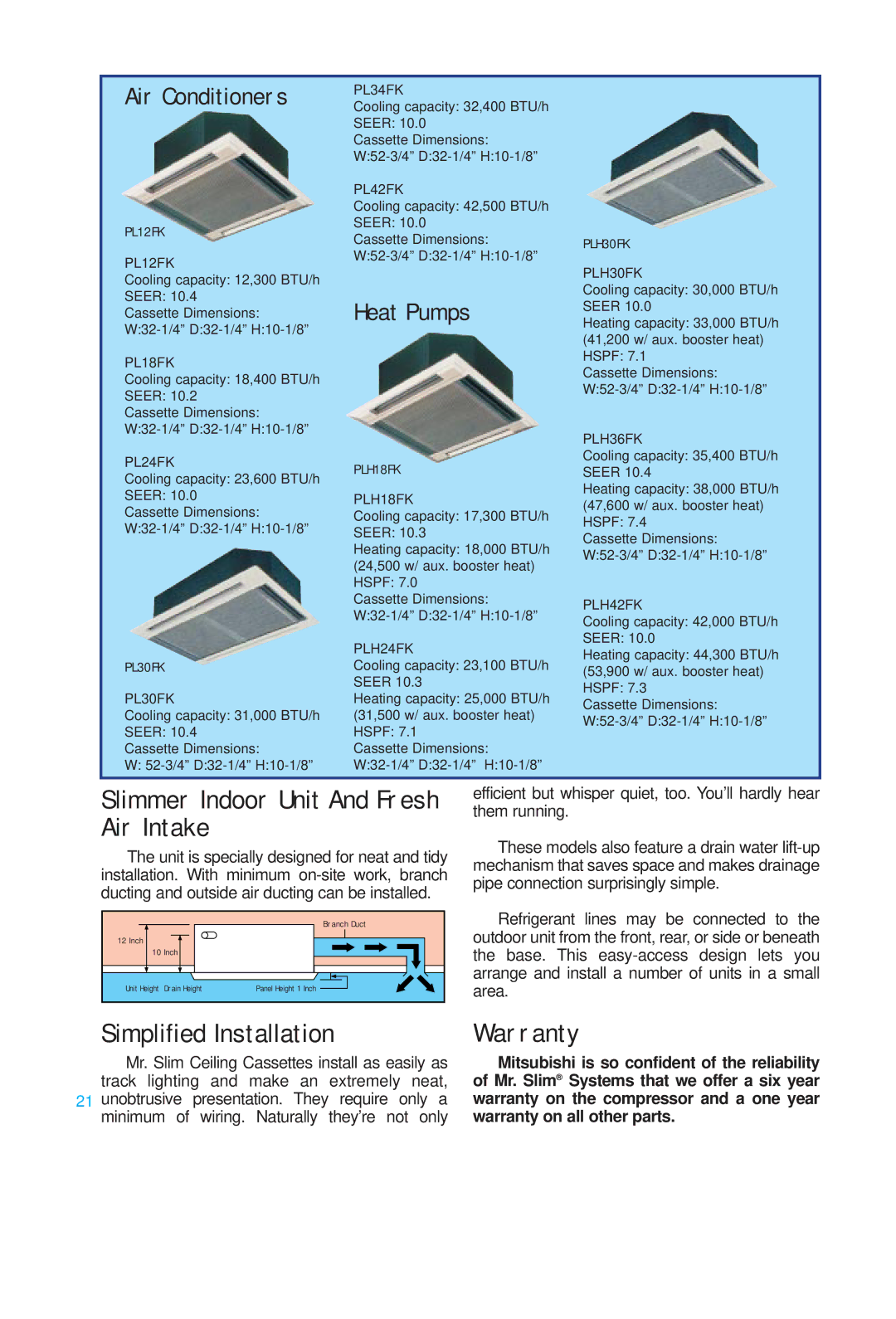 Mitsubishi NH41NAD, PCH36EK, PCH24EK, PCH42EK, NH569NXA, PC42EK Slimmer Indoor Unit And Fresh Air Intake, Air Conditioners 