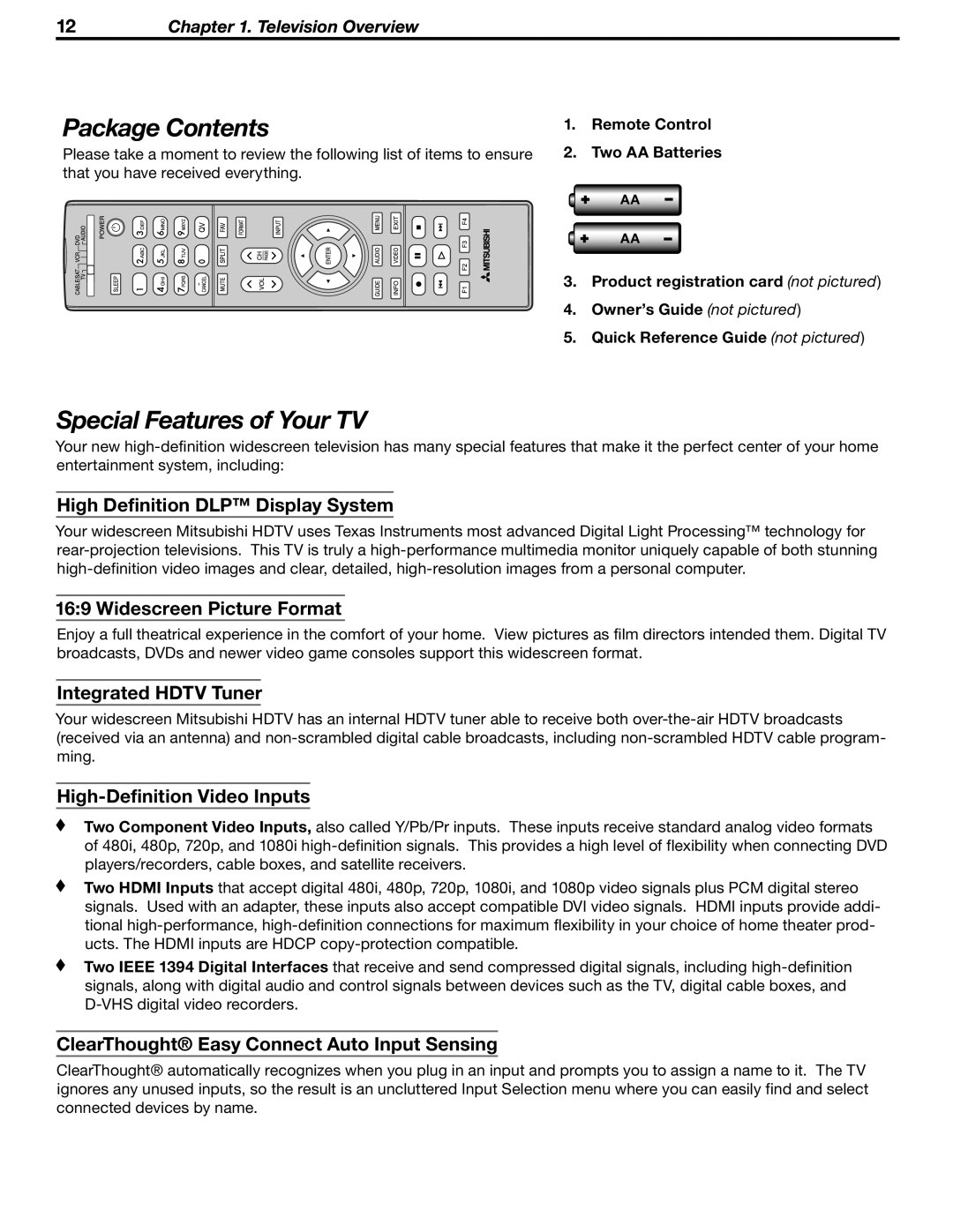 Mitsubishi WD-52631 manual Package Contents, Special Features of Your TV 