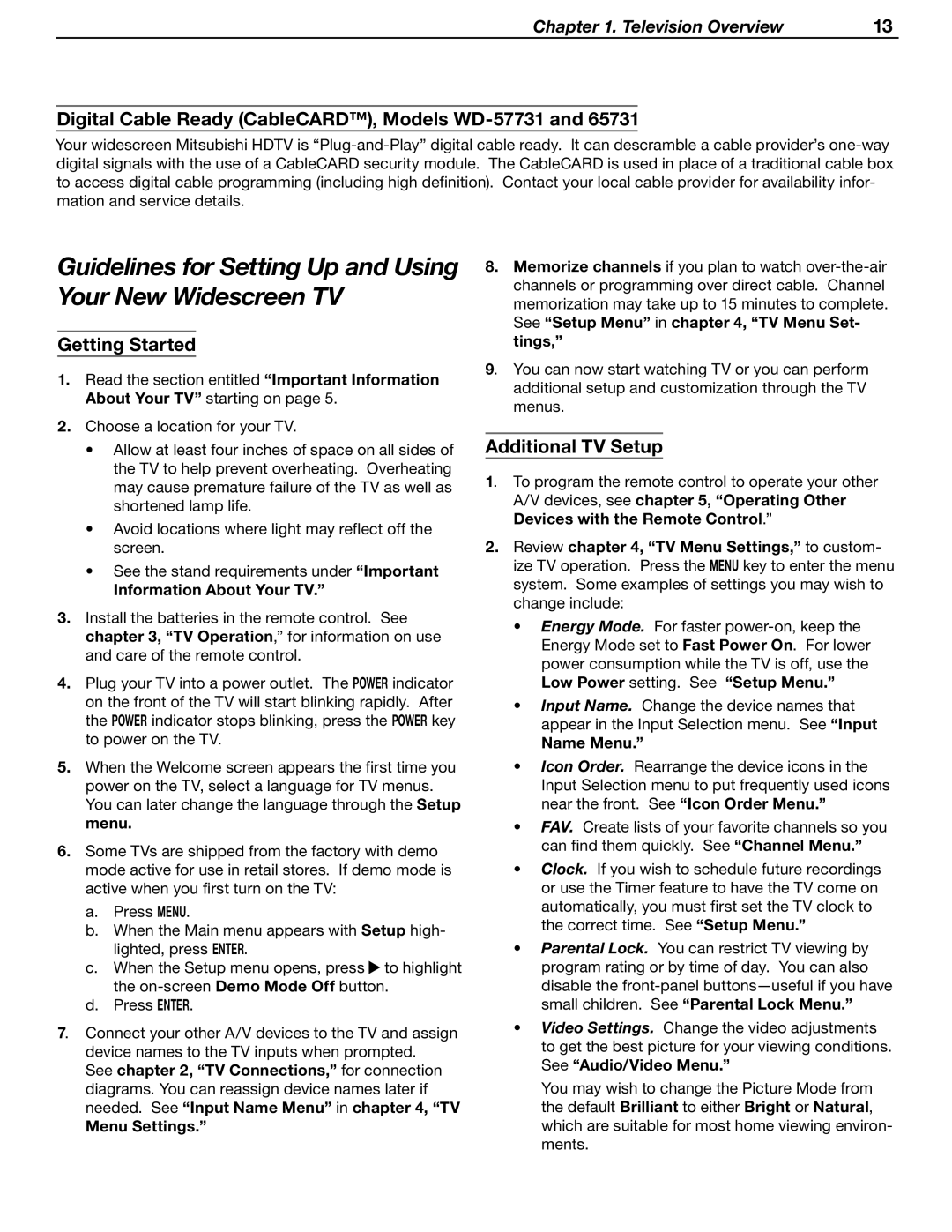 Mitsubishi WD-52631 manual Guidelines for Setting Up and Using Your New Widescreen TV, Getting Started, Additional TV Setup 