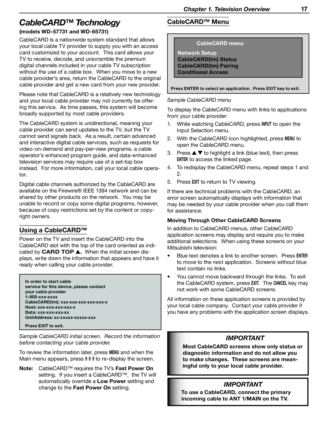 Mitsubishi WD-52631 manual CableCARD Technology, Using a CableCARD, CableCARD Menu, CableCARD menu Network Setup 