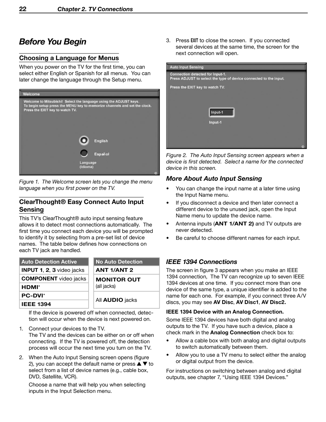 Mitsubishi WD-52631 Before You Begin, Choosing a Language for Menus, More About Auto Input Sensing, Ieee 1394 Connections 