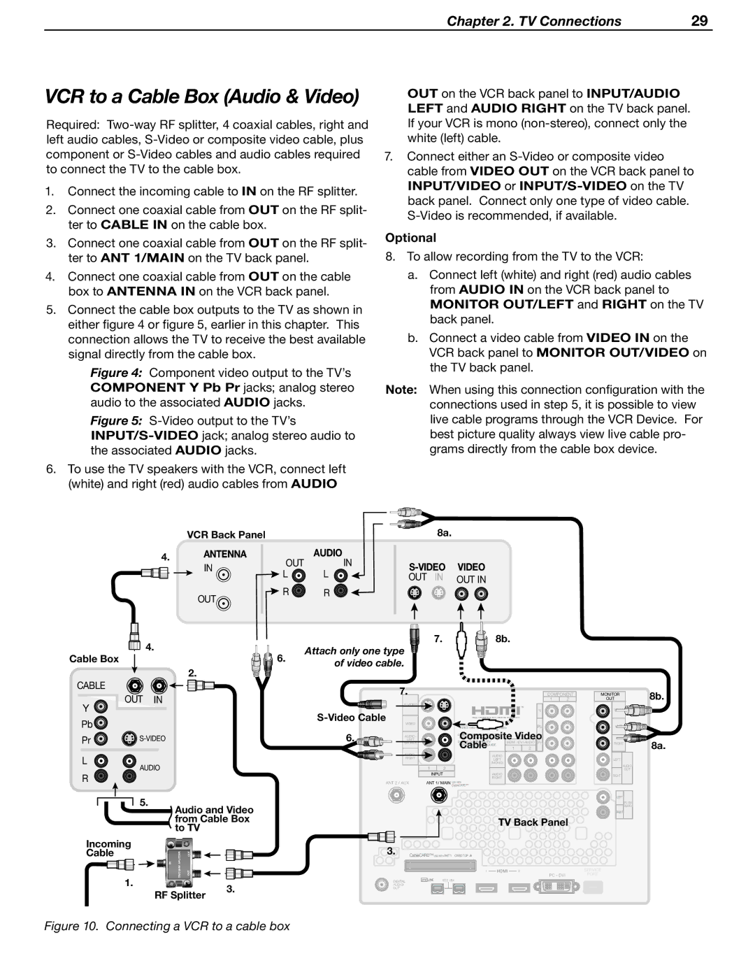 Mitsubishi WD-52631 manual VCR to a Cable Box Audio & Video, Monitor OUT/LEFT and Right on the TV back panel 