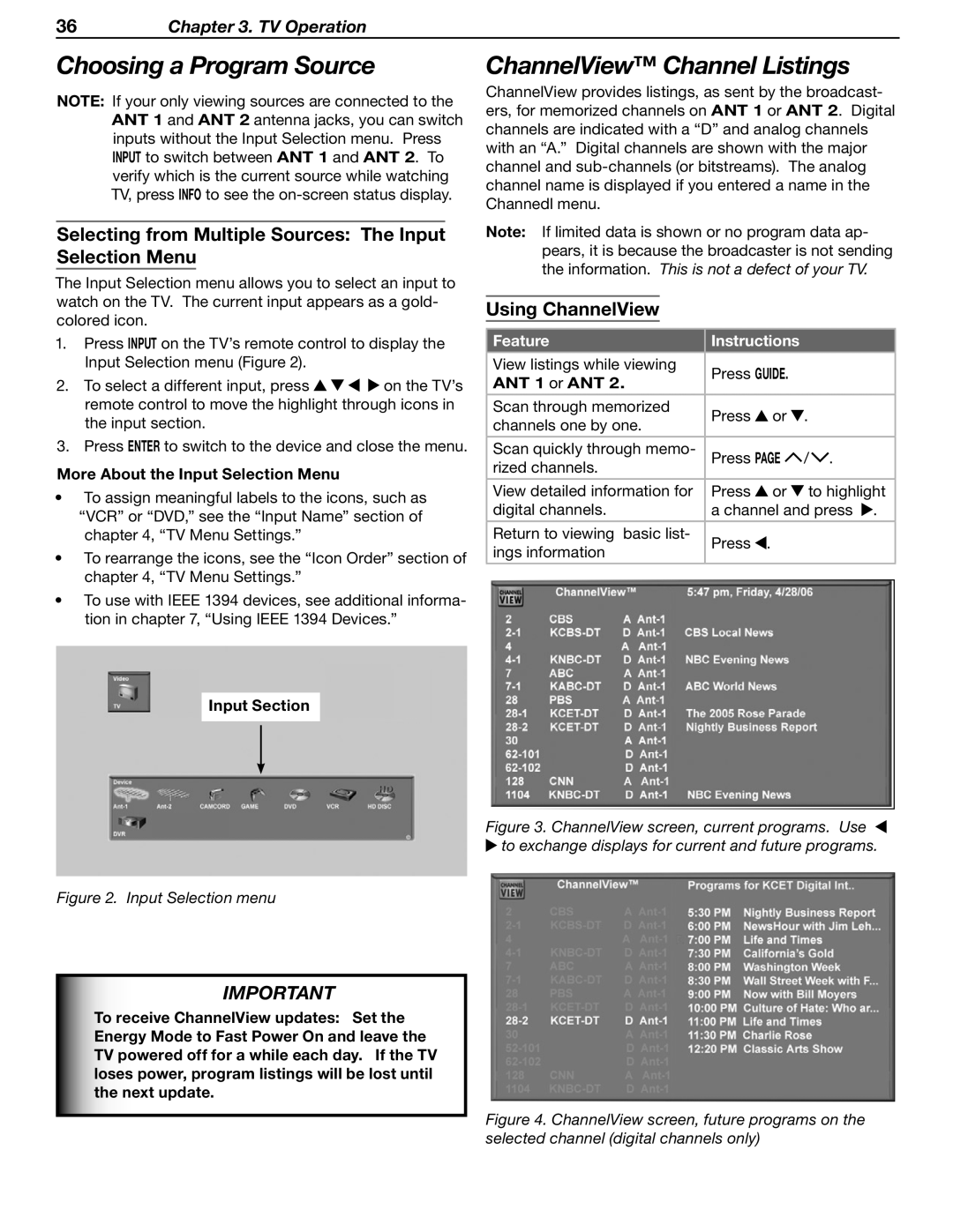 Mitsubishi WD-52631 manual Choosing a Program Source, ChannelView Channel Listings, Using ChannelView, Feature Instructions 