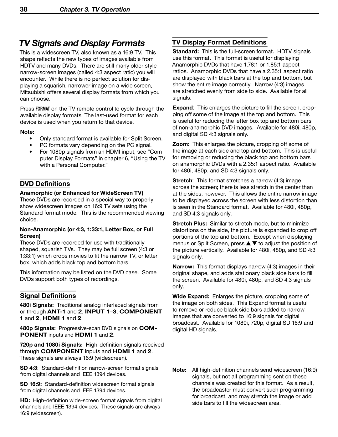 Mitsubishi WD-52631 TV Signals and Display Formats, DVD Definitions, Signal Definitions, TV Display Format Definitions 