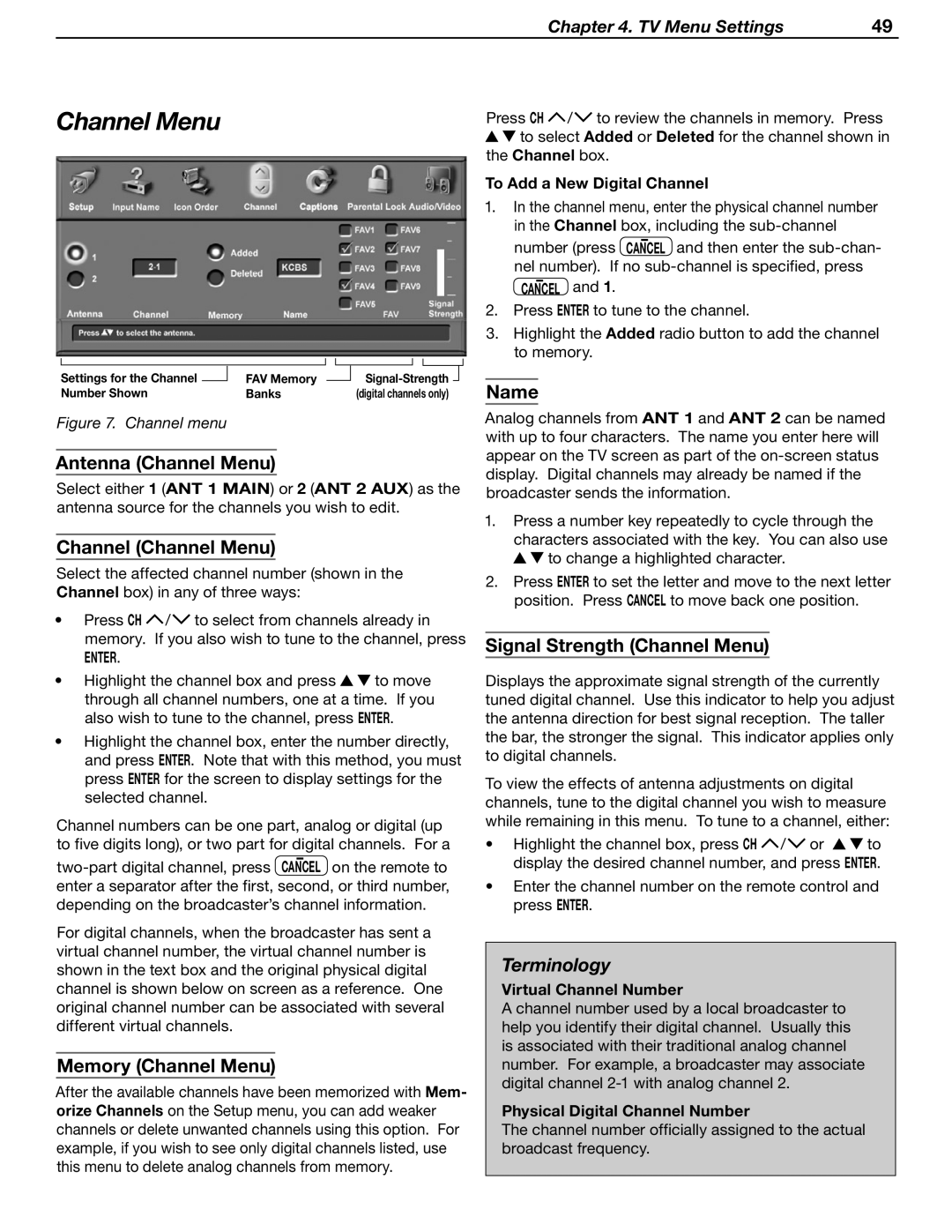 Mitsubishi WD-52631 manual Channel Menu, Terminology 