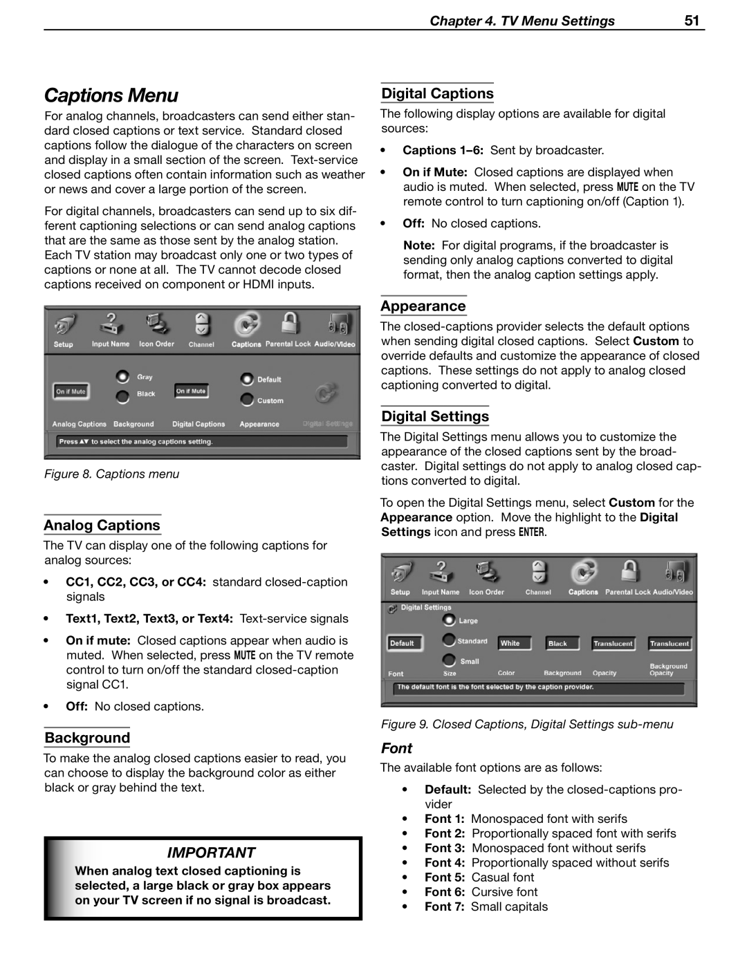 Mitsubishi WD-52631 manual Captions Menu, Font 