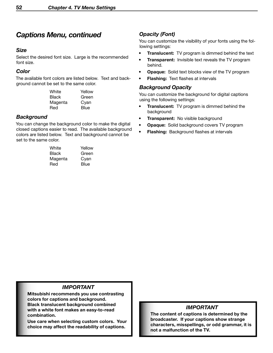 Mitsubishi WD-52631 manual Size, Color, Opacity Font, Background Opacity 