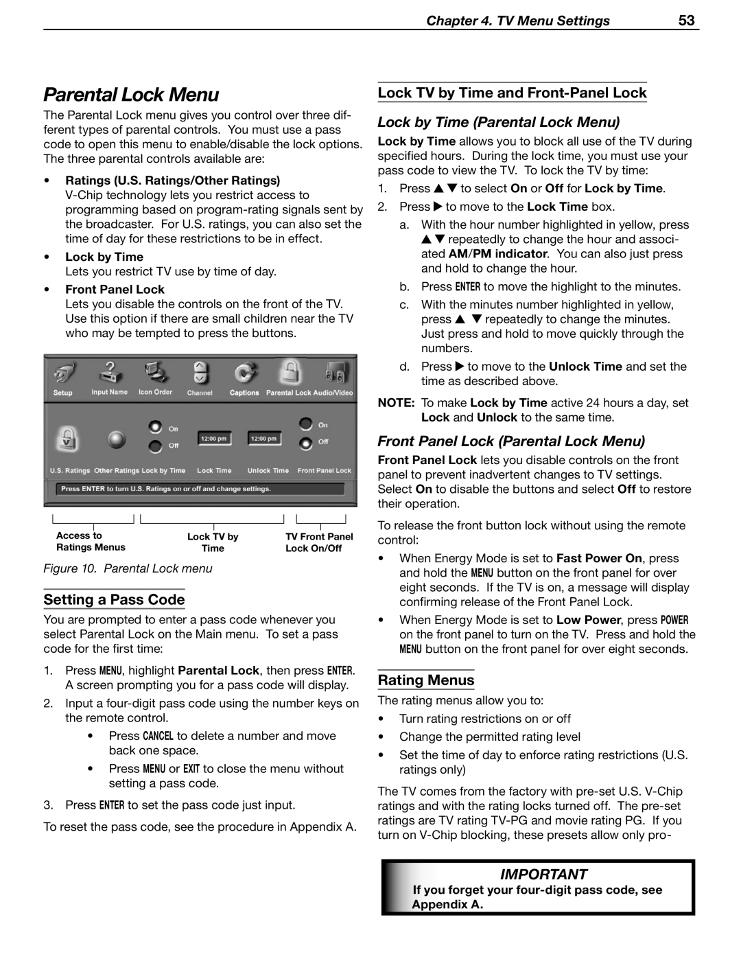 Mitsubishi WD-52631 manual Lock by Time Parental Lock Menu, Front Panel Lock Parental Lock Menu 