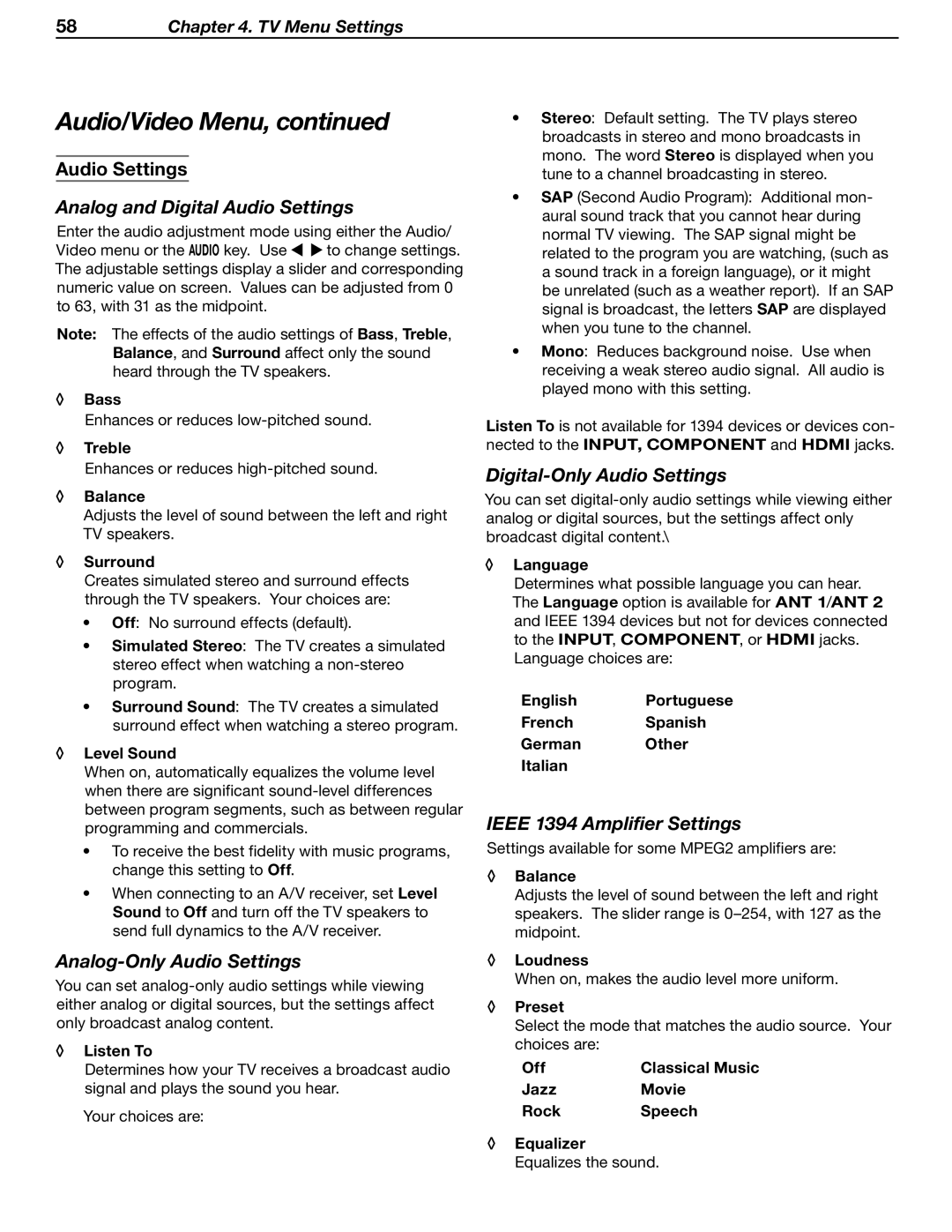 Mitsubishi WD-52631 manual Analog and Digital Audio Settings, Analog-Only Audio Settings, Digital-Only Audio Settings 