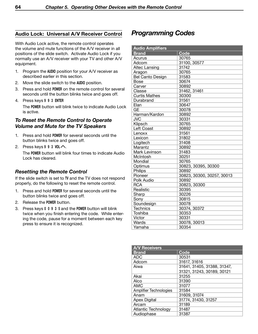 Mitsubishi WD-52631 manual Programming Codes, Audio Lock Universal A/V Receiver Control, Resetting the Remote Control 