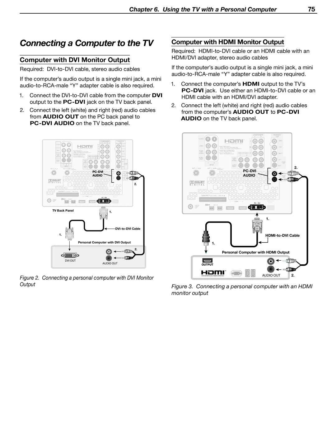 Mitsubishi WD-52631 Connecting a Computer to the TV, Computer with DVI Monitor Output, Computer with Hdmi Monitor Output 