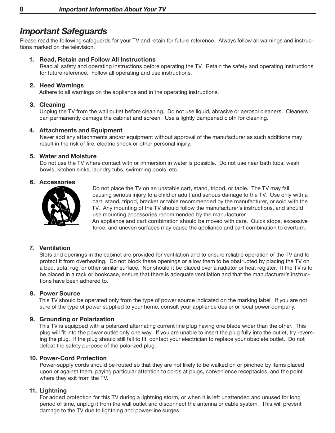 Mitsubishi WD-52631 manual Important Safeguards, Read, Retain and Follow All Instructions 