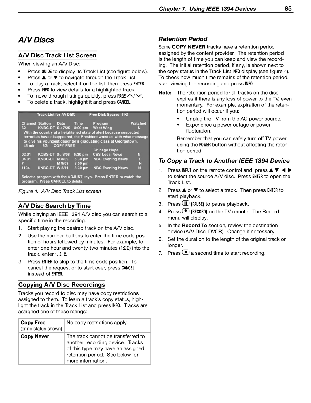 Mitsubishi WD-52631 manual Discs, Retention Period, To Copy a Track to Another Ieee 1394 Device 