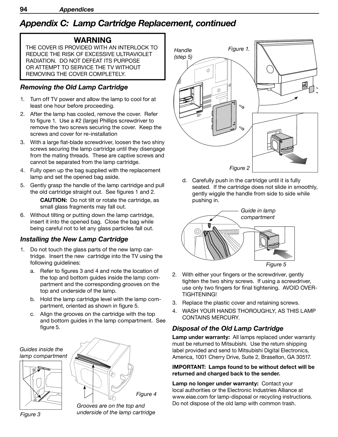 Mitsubishi WD-52631 Removing the Old Lamp Cartridge, Installing the New Lamp Cartridge, Disposal of the Old Lamp Cartridge 