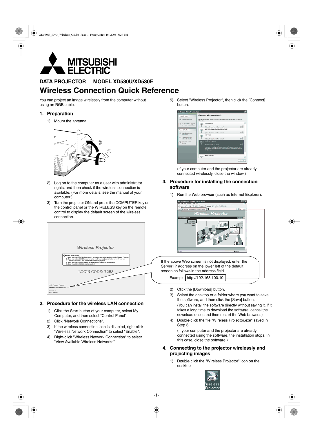 Mitsubishi XD530U manual Wireless Connection Quick Reference, Preparation, Procedure for the wireless LAN connection 