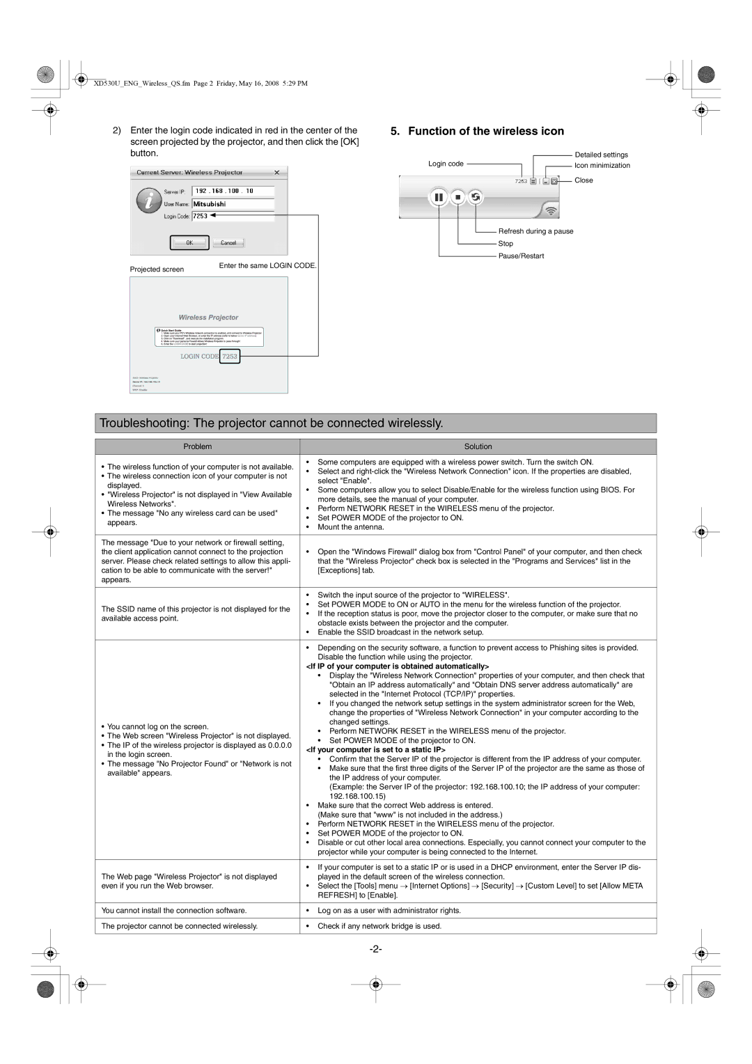 Mitsubishi XD530E, XD530U manual Function of the wireless icon, If IP of your computer is obtained automatically 