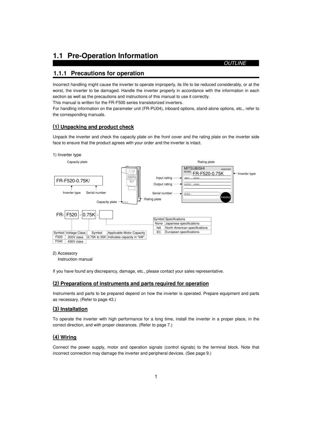 Mitsumi electronic FR-F520-0.75K Pre-Operation Information, Precautions for operation, Unpacking and product check, Wiring 