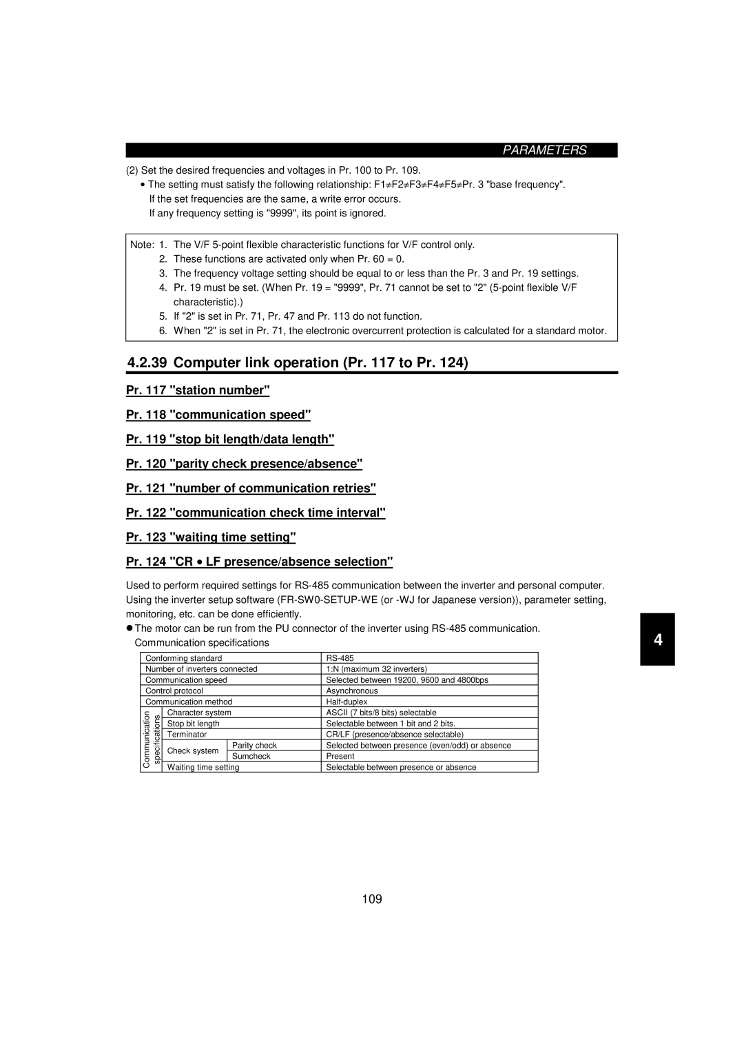 Mitsumi electronic 55K, FR-F520-0.75K instruction manual Computer link operation Pr to Pr 