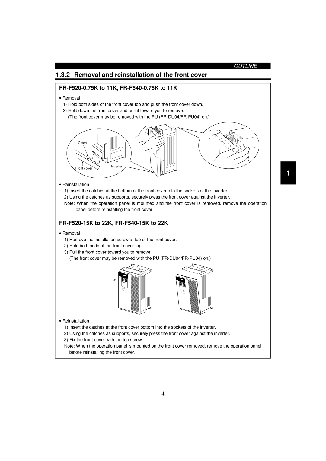 Mitsumi electronic 55K Removal and reinstallation of the front cover, FR-F520-0.75K to 11K, FR-F540-0.75K to 11K 